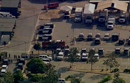 A fire truck and police are seen at a Los Angeles County Sheriff's Department training facility in Monterey Park
