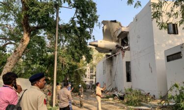 The back of Air India flight 171 is pictured at the site after it crashed in a residential area near the airport in Ahmedabad on June 12.