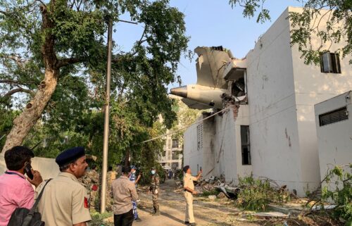 The back of Air India flight 171 is pictured at the site after it crashed in a residential area near the airport in Ahmedabad on June 12.
