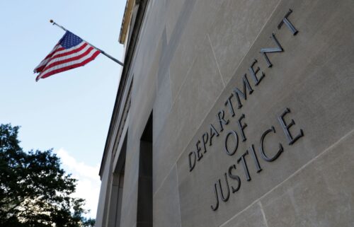 Signage is seen at the United States Department of Justice headquarters in Washington