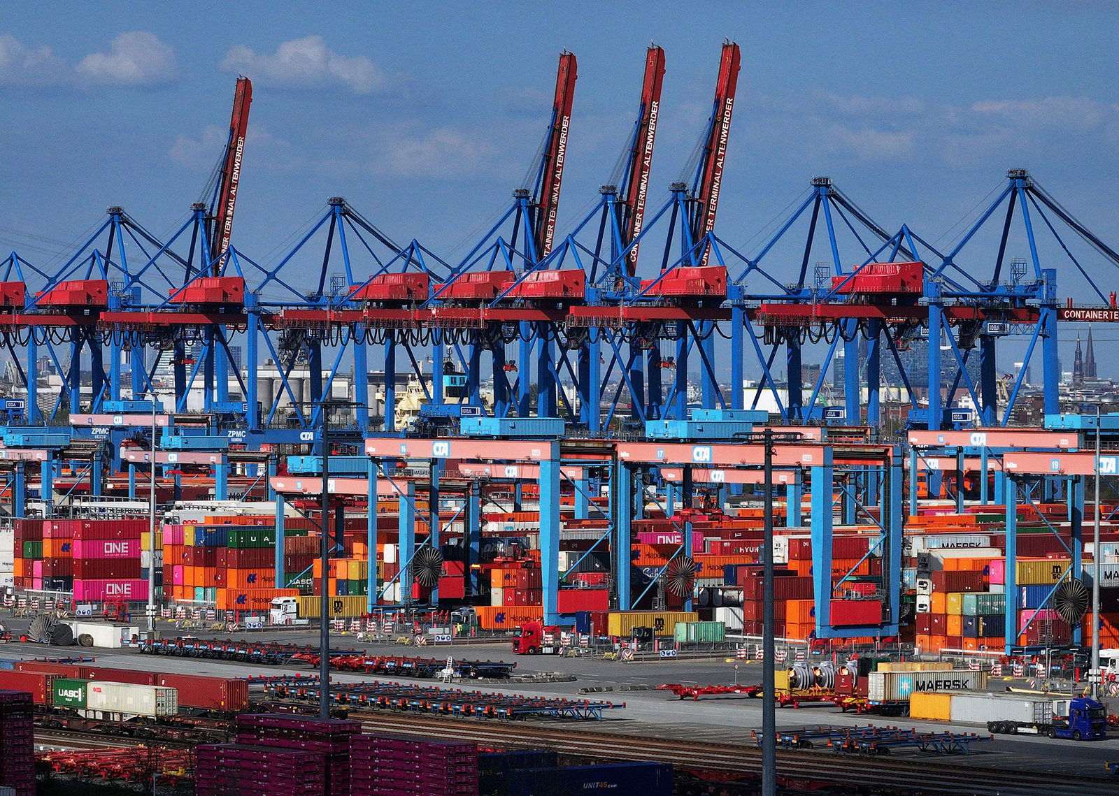 <i>Sean Gallup/Getty Images via CNN Newsource</i><br/>Shipping containers and cranes at Hamburg Port in Germany in April. President Donald Trump has threatened a 30% tariff on incoming European products.