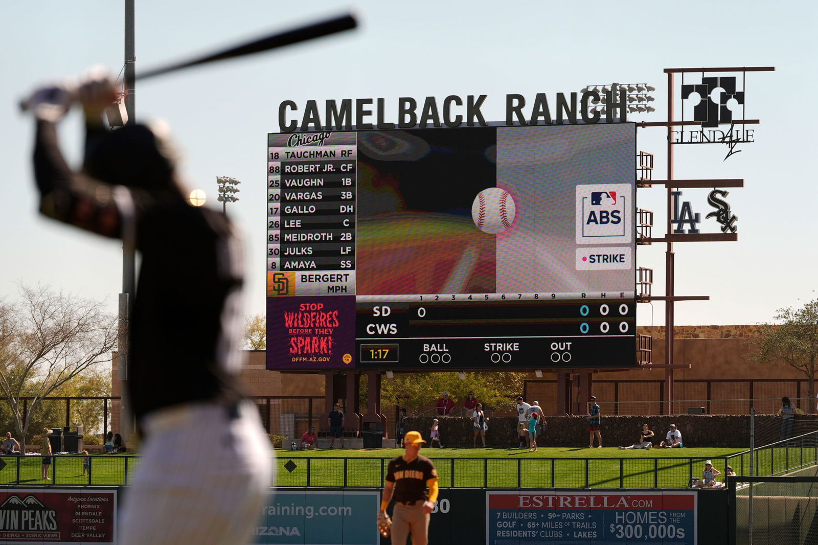 <i>Carolyn Kaster/AP via CNN Newsource</i><br/>The Automated Ball-Strike System plays on the scoreboard after a pitch call was challenged during the first inning of a spring training baseball game between the Chicago White Sox and the San Diego Padres.