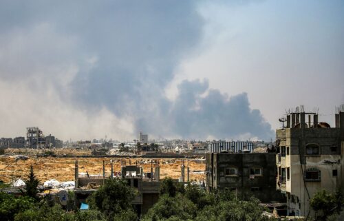 Smoke billows from Israeli bombardment as pictured from Deir al-Balah in the central Gaza Strip on July 21.