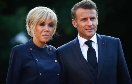 French President Emmanuel Macron and his wife Brigitte Macron arrive for a dinner during the 76th NATO Summit in The Hague
