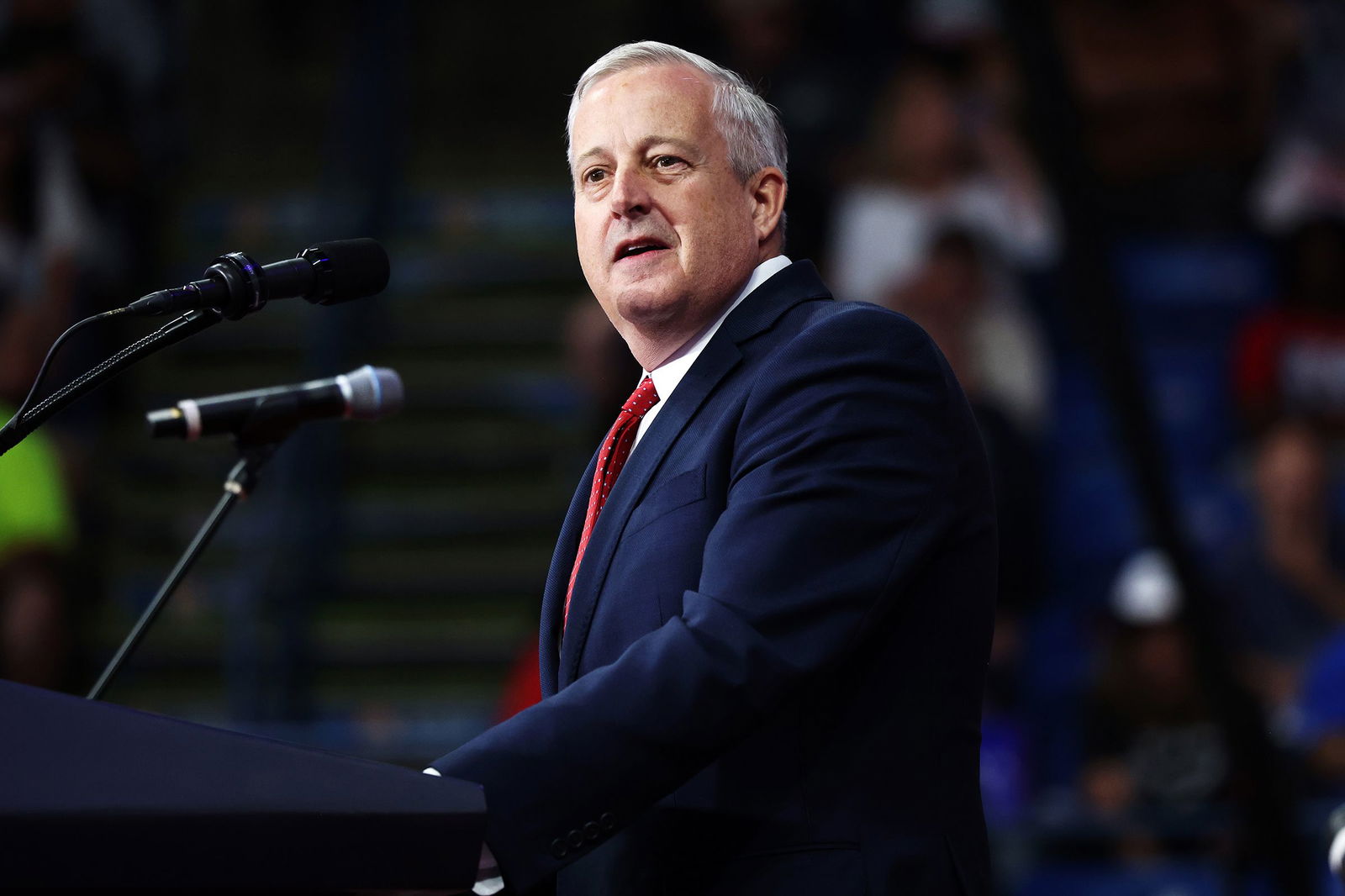 <i>Michael M. Santiago/Getty Images via CNN Newsource</i><br/>Michael Whatley speaks during a campaign rally for Donald Trump in August 2024 in Wilkes Barre