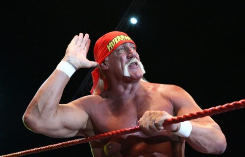 Hulk Hogan gestures to the audience during his Hulkamania Tour in 2009.