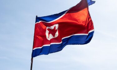 The national flag of North Korea seen during the celebration of International Workers' Day.