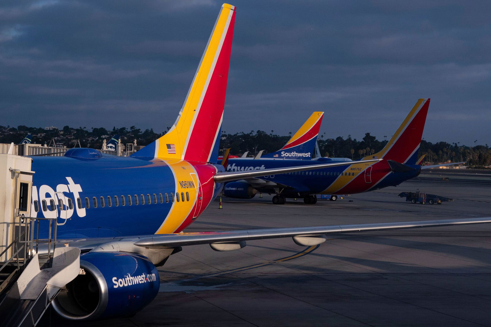 <i>Kevin Carter/Getty Images via CNN Newsource</i><br/>Southwest Airlines Boeing 737s are lined up at the terminal at San Diego International Airport in August 2024. Alarms sounded in the cockpit of a Southwest Airlines jet shortly after taking off from Hollywood Burbank airport near Los Angeles on July 25.