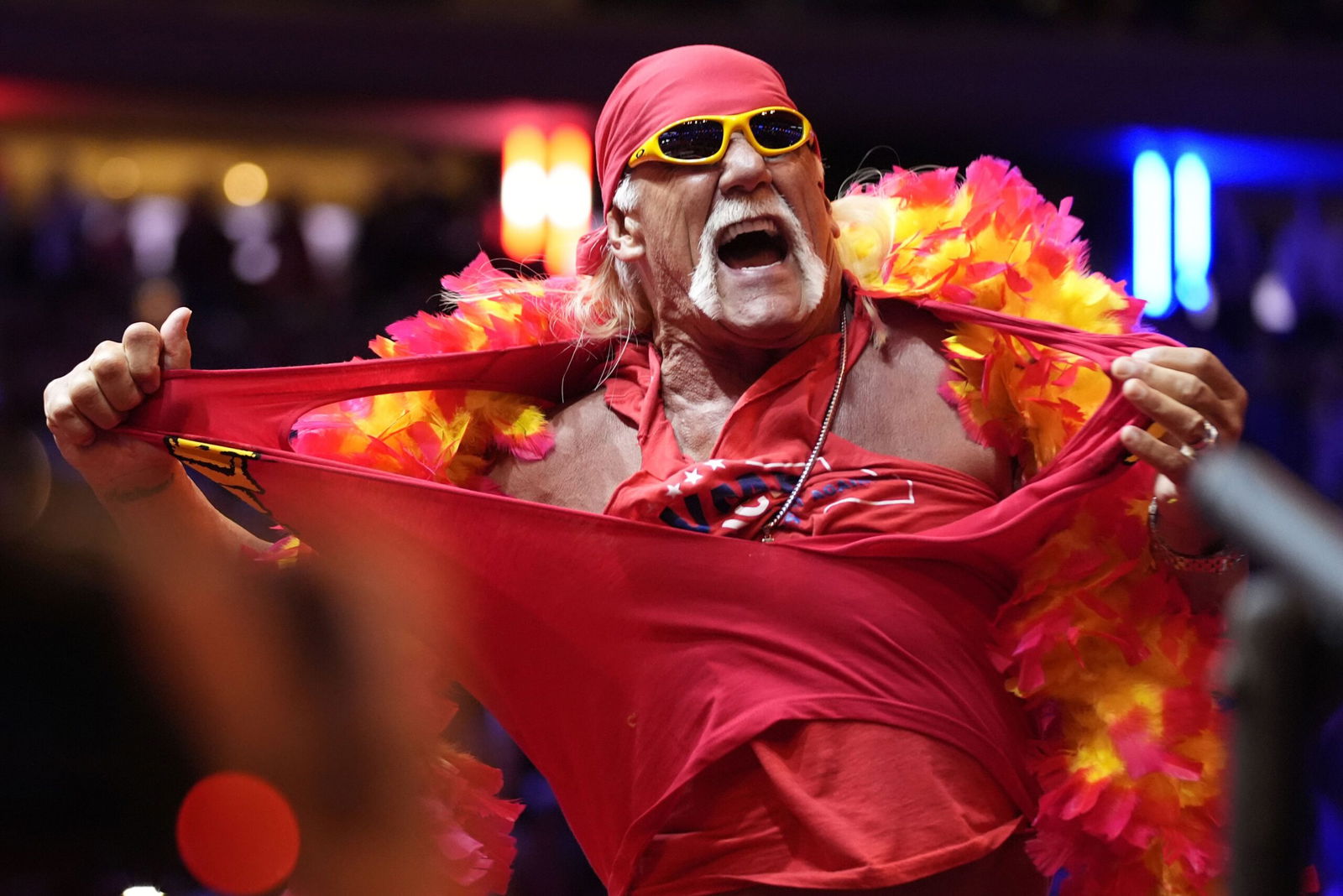 <i>Lenny Ignelzi/AP via CNN Newsource</i><br/>Hollywood Hulk Hogan puts a choke hold on the neck of Utah Jazz basketball star Karl Malone at a pay-per-view wrestling match Sunday July 12