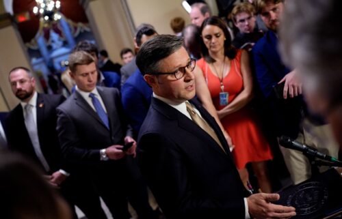 House Speaker Mike Johnson  speaks to members of the media outside the House Chamber at the US Capitol on July 23.