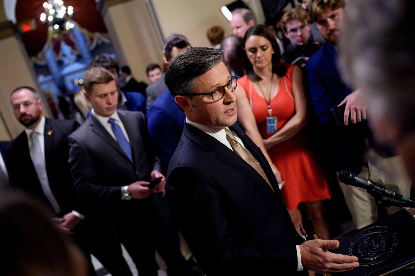 <i>Andrew Harnik/Getty Images via CNN Newsource</i><br/>House Speaker Mike Johnson speaks to members of the media outside the House Chamber at the US Capitol on July 23.