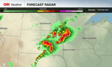 A forecast model shows powerful storms hitting the northern Plains Monday evening.