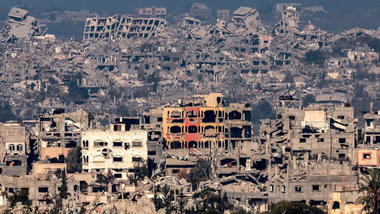<i>Menahem Kahana/AFP via Getty Images via CNN Newsource</i><br/>This picture taken from the Israeli side of the border with Gaza shows destroyed buildings in the north of the territory in January 2025.