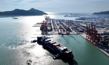 A container ship arrives at the port in Lianyungang