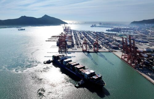 A container ship arrives at the port in Lianyungang