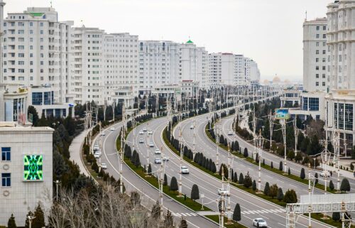 Cars move through the Turkmen capital of Ashgabat on March 10