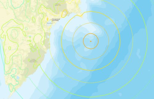 A map from the United States Geological Survey charts a 8.0 magnitude earthquake off the east coast of Russia on July 30.