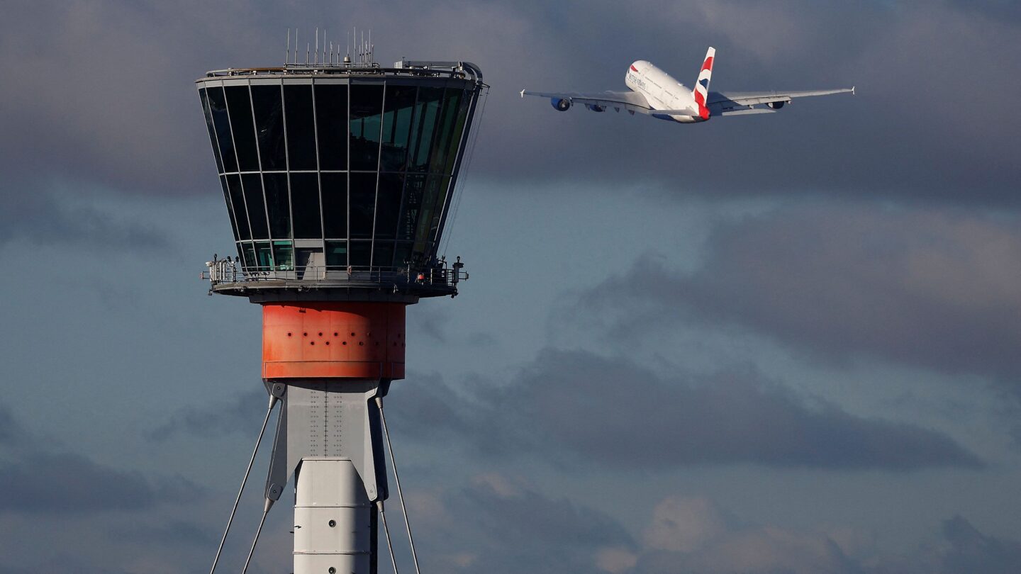 <i>Peter Nicholls/Reuters/FILE via CNN Newsource</i><br/>A British Airways Airbus A380 takes off in view of the control tower at Heathrow Airport