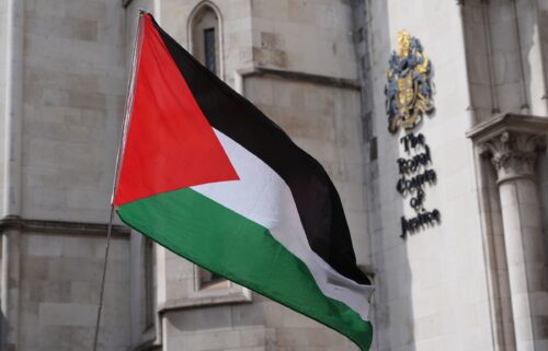 A Palestinian flag is waved outside The Royal Courts of Justice in central London on July 30.