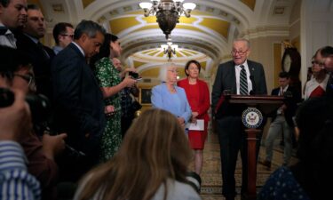 Senate Minority Leader Chuck Schumer is joined by Sen. Patty Murray and Sen. Amy Klobuchar while talking to reporters following the weekly Democratic Senate policy luncheon at the US Capitol on July 29 in Washington