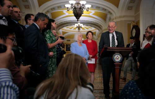 Senate Minority Leader Chuck Schumer is joined by Sen. Patty Murray and Sen. Amy Klobuchar while talking to reporters following the weekly Democratic Senate policy luncheon at the US Capitol on July 29 in Washington