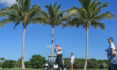 This October 2022 photo shows Donald Trump playing golf at Trump National Doral Miami golf club on in Miami.