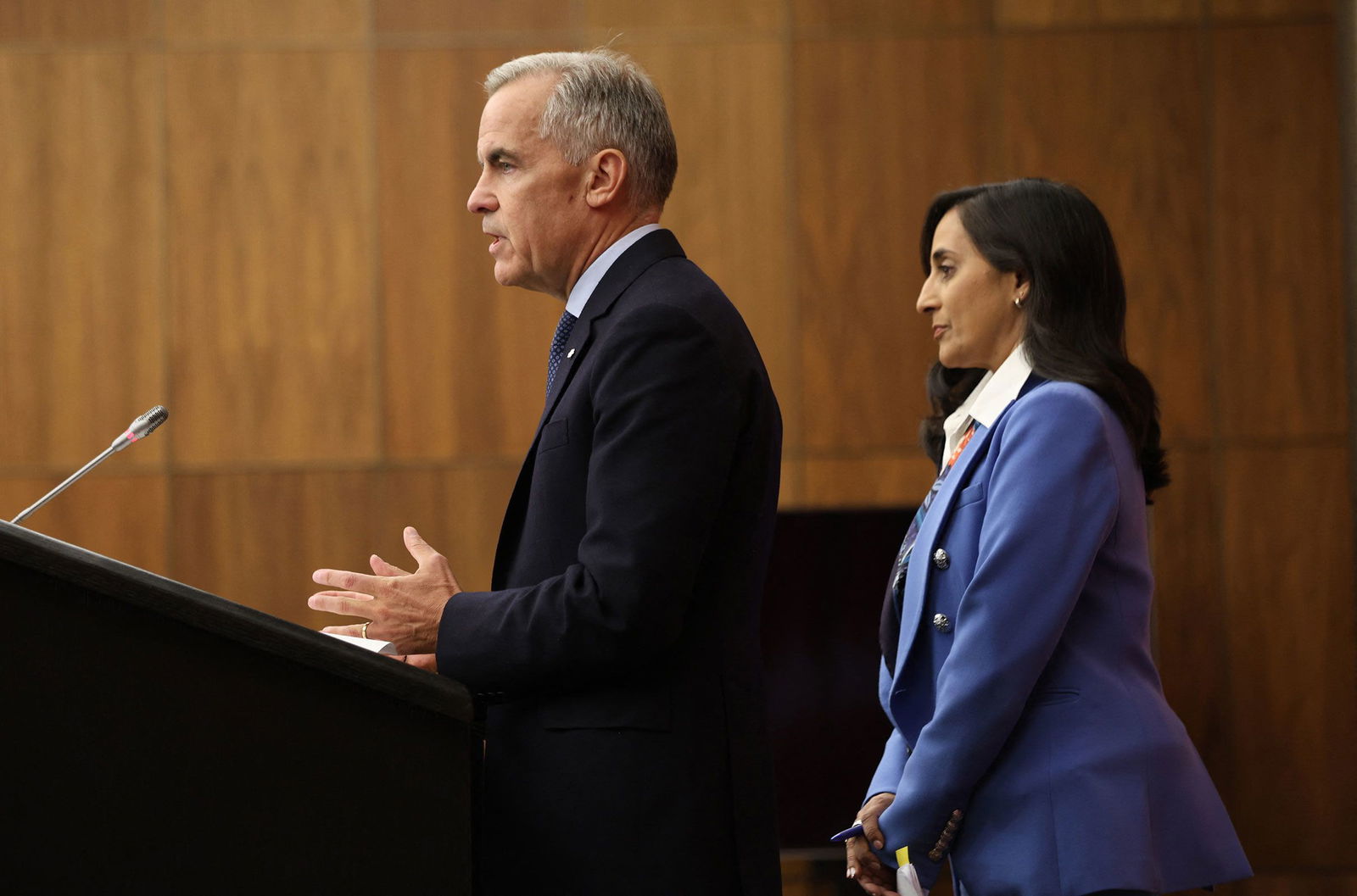 <i>Dave Chen/AFP/Getty Images via CNN Newsource</i><br/>Canadian Prime Minister Mark Carney speaks