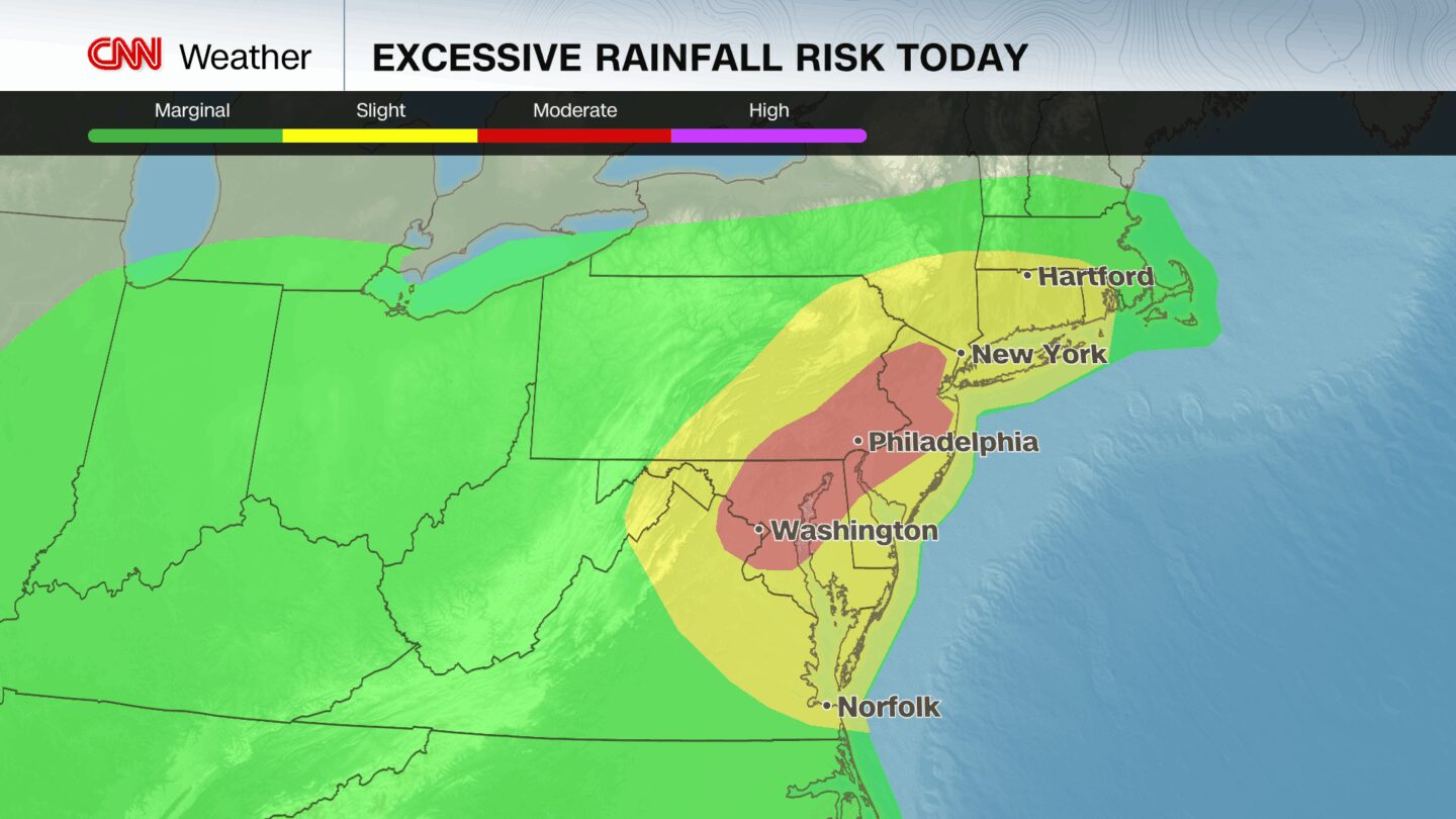 <i>CNN Weather via CNN Newsource</i><br/>There is a dangerous risk for torrential rainfall and flash flooding in the mid-Atlantic and Northeast Thursday for millions along the Interstate 95 corridor. It could be another potentially serious flood event in a summer that’s been full of them.