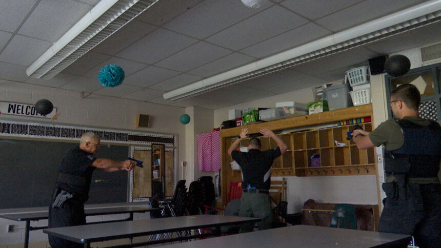 SJPD officers practicing tactics for a school shooter.