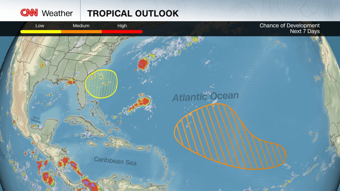 <i>CNN Weather via CNN Newsource</i><br/>There are two areas to watch for tropical development this week in addition to Tropical Storm Dexter