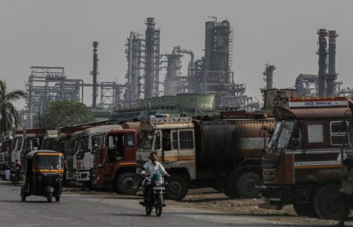 Oil tanker trucks are pictured outside an oil refinery operated by Bharat Petroleum Corp. Ltd.