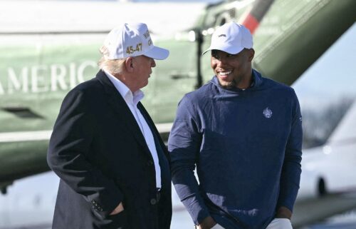 President Donald Trump walks with Philadelphia Eagles running back Saquon Barkley before boarding Air Force One on April 27. Barkley said on August 4 that he was surprised to learn he had been named to the President’s Council on Sports