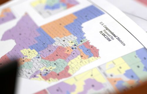 A map of proposed plan for Texas' US Congressional Districts is seen at a public hearing on congressional redistricting in Austin