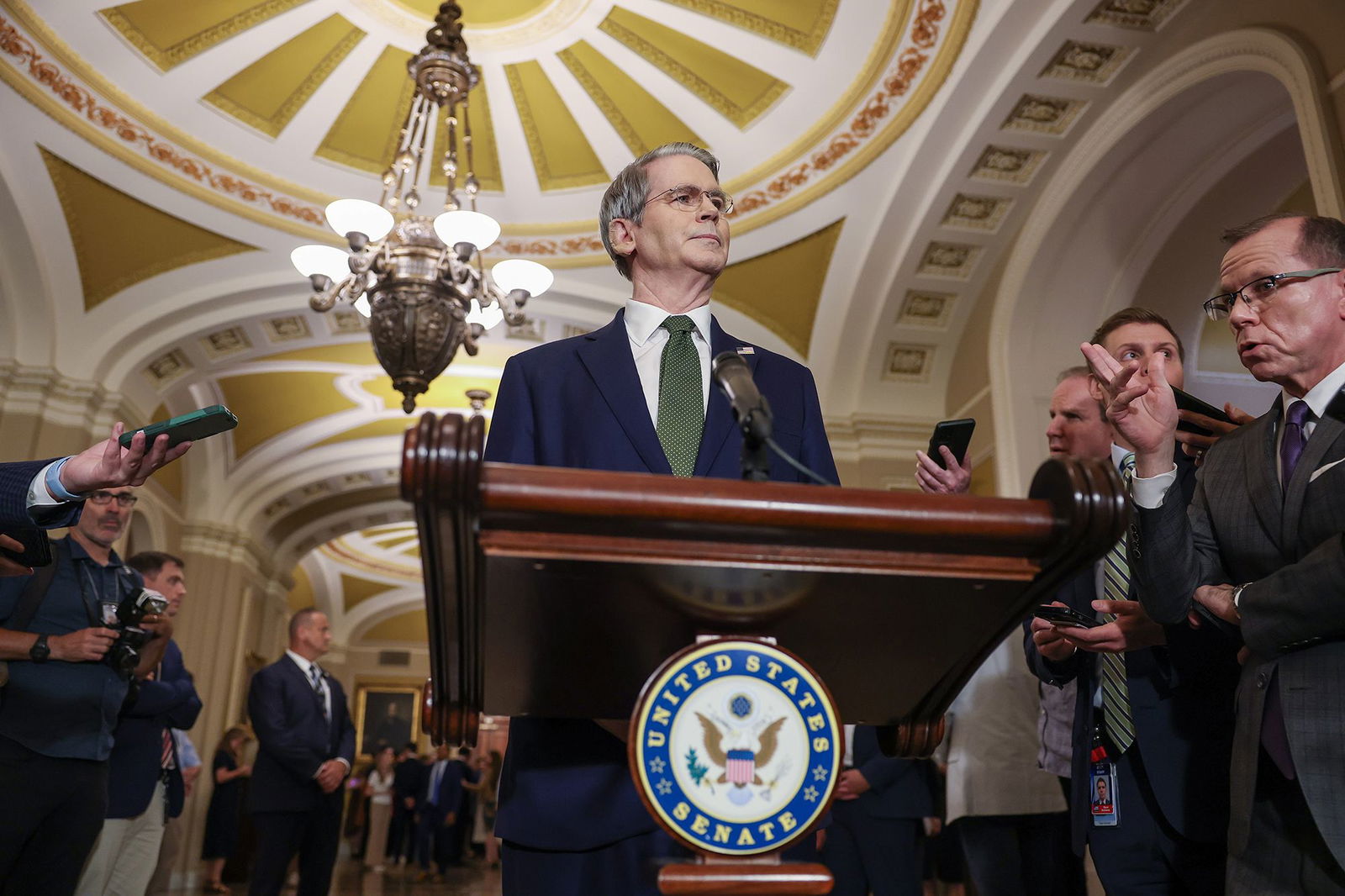 <i>Tasos Katopodis/Getty Images via CNN Newsource</i><br/>Secretary of the Treasury Scott Bessent speaks to reporters during the weekly luncheons at Capitol Hill on June 24 in Washington