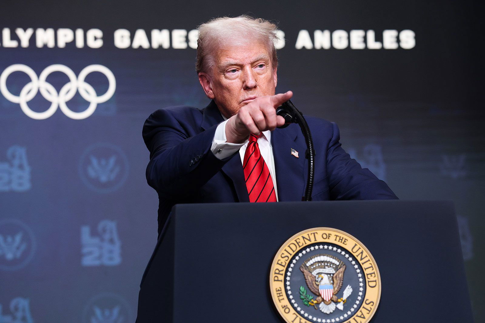 <i>Win McNamee/Getty Images via CNN Newsource</i><br/>President Donald Trump takes questions from reporters after signing an executive order to create a White House task force to help coordinate logistical issues related to the 2028 Summer Olympic Games.