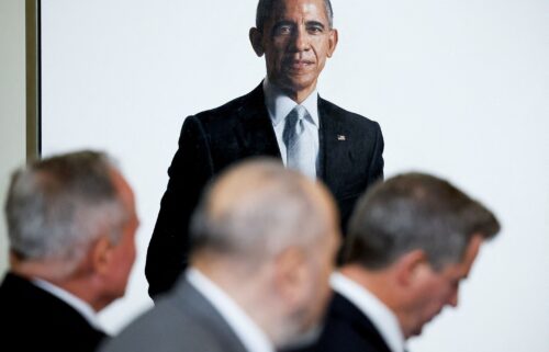 The official White House portrait of former President Barack Obama is displayed in the East Room of the White House