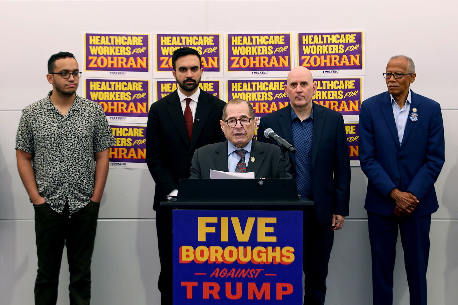 <i>Michael M. Santiago/Getty Images via CNN Newsource</i><br/>Rep. Jerry Nadler speaks during a Zohran Mamdani press conference at the 1199SEIU headquarters on August 11 in New York City.