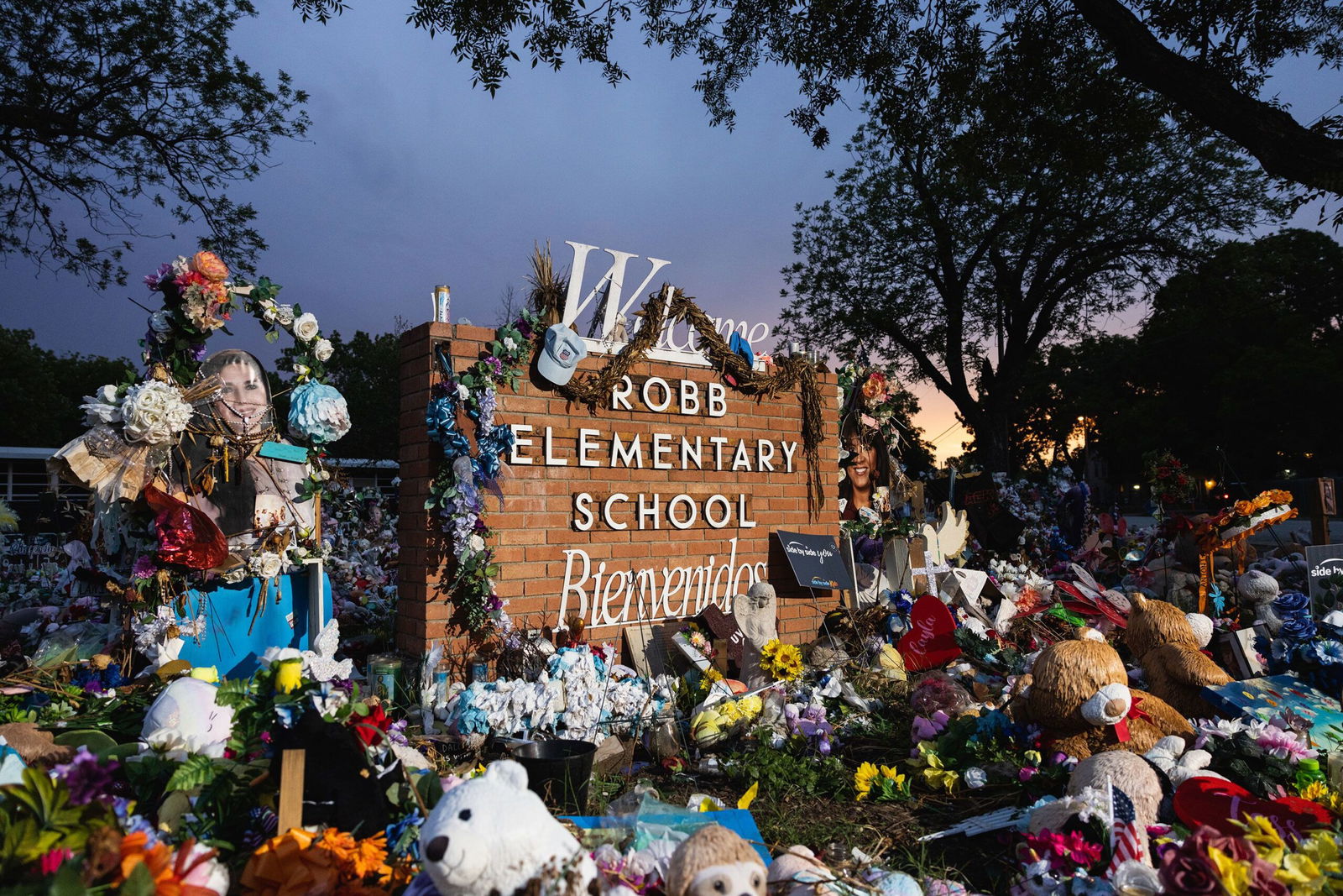 <i>Jordan Vonderhaar/Getty Images via CNN Newsource</i><br/>A memorial honors the 21 victims gunned down at Robb Elementary School in 2022.
