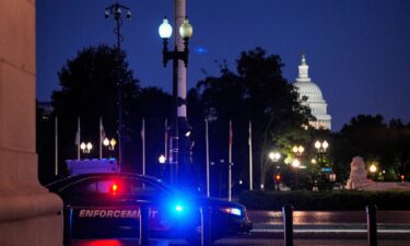 A law enforcement vehicle stands in front of Union Station near the US Capitol in Washington