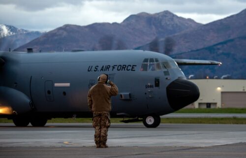 A US Air Force airman salutes at Joint Base Elmendorf–Richardson in Anchorage