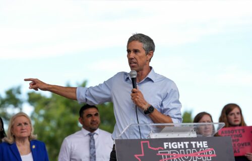 Beto O'Rourke speaks alongside elected officials gathered for a rally ahead of a public hearing on the proposed congressional redistricting on July 26 in Houston as he raises funds for Democratic members of the state legislature who left Texas to stall the plan.