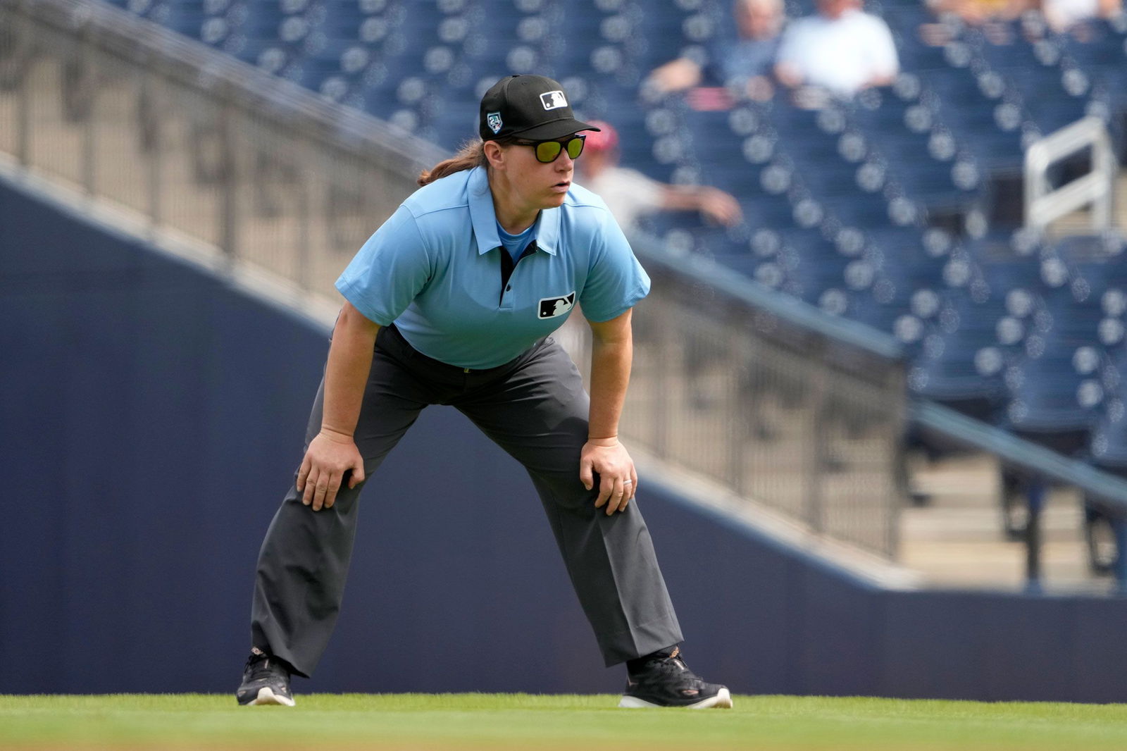 <i>Jeff Roberson/AP via CNN Newsource</i><br/>Umpire Jen Pawol takes her position during the first inning of a 2024 spring training game between the St. Louis Cardinals and Washington Nationals. Pawol will make history this week as the first woman to work as an umpire in a Major League Baseball regular season game.