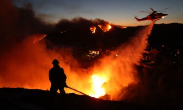 An aerial view of beachside homes destroyed in the Palisades Fire along the Pacific Coast Highway on January 16