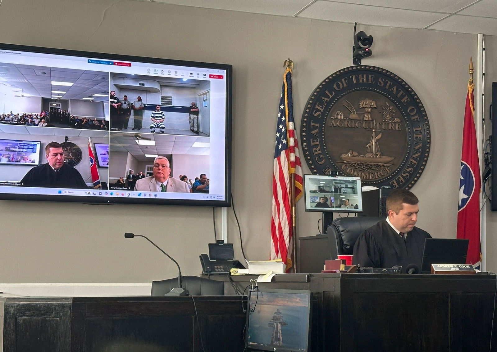 <i>Adrian Sainz/AP via CNN Newsource</i><br/>Judge Andrew T. Cook speaks to Austin Drummond via video conference during an arraignment in Tiptonville