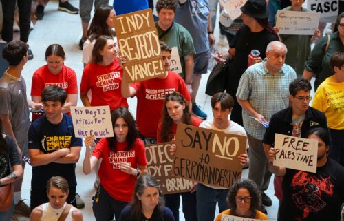 Protestors cheer during a really against redistricting at the Indiana Statehouse in Indianapolis
