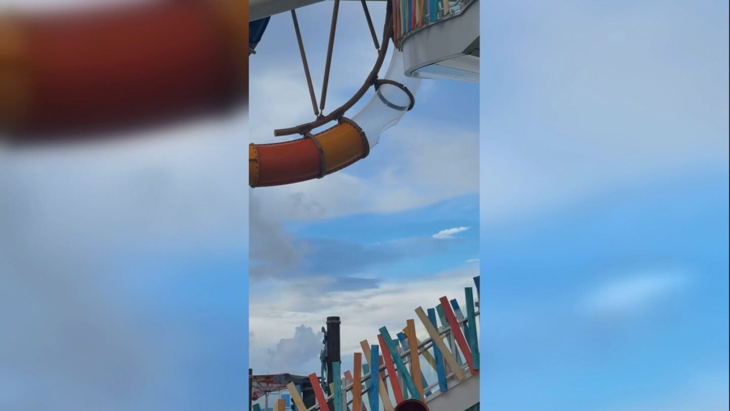 <i>Maddie Adams via CNN Newsource</i><br/>A photo taken by a cruise passengers shows a hole in an acrylic waterslide on Icon of the Seas.