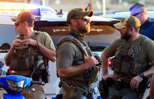 Homeland Security Investigations officers work alongside officers with the Metropolitan Police Department at a checkpoint on North Capitol Street in Washington