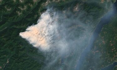 Satellite view of the Bear Gulch Fire shows a dense smoke plume over Mason County