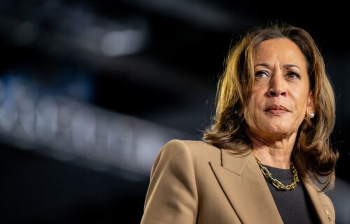 Then-Vice President Kamala Harris pauses while speaking during a campaign rally at the Rawhide Event Center on October 10
