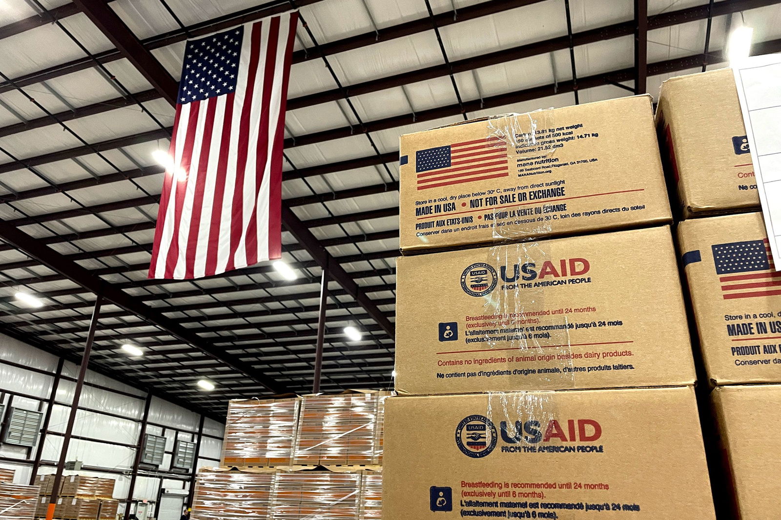 <i>John Falchetto/AFP/Getty Images/File via CNN Newsource</i><br/>Boxes of Ready-to-Use Therapeutic Food sit at the Mana Nutrition plant in Fitzgerald